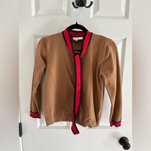 Business Casual Camel Sweater with Red Accents